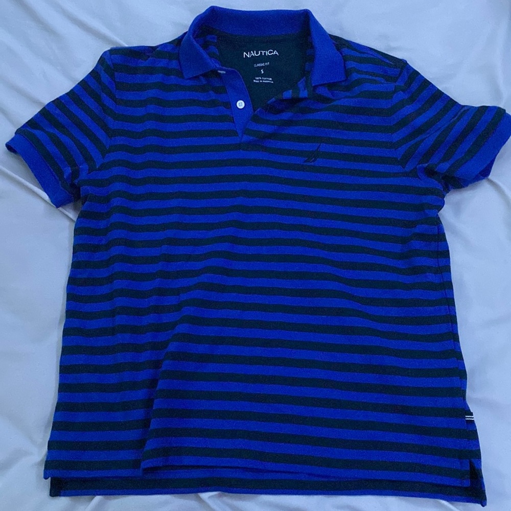 Used a few times. Blue and Black striped Nautical Polo Tee Bought In Store.